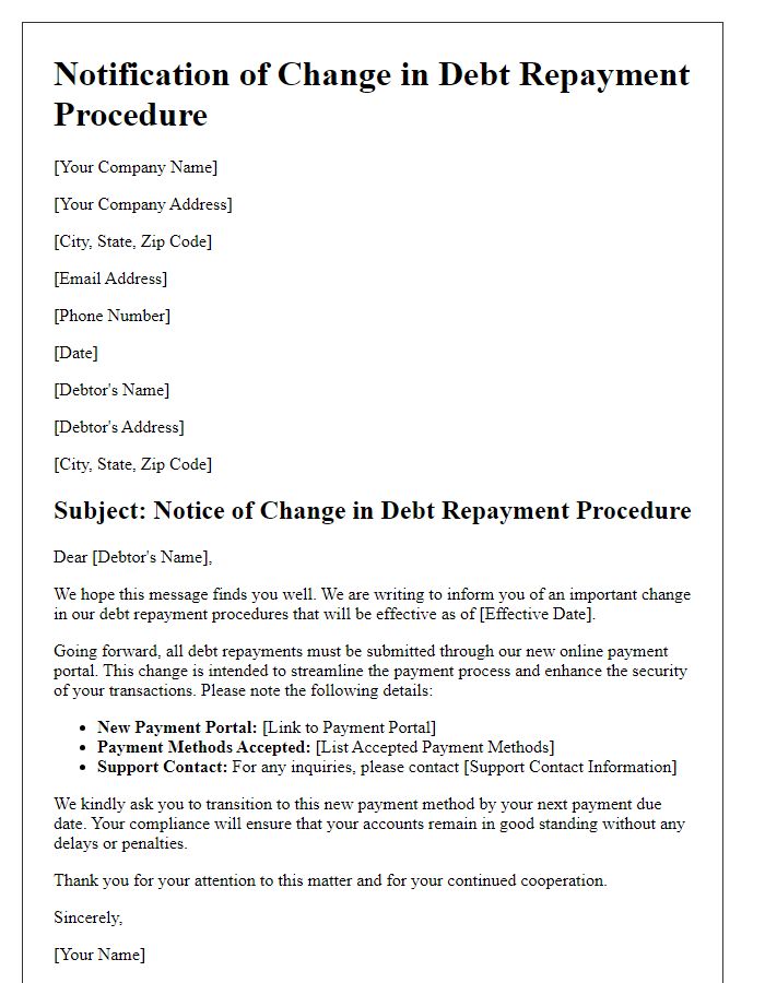 Letter template of formal change in debt repayment procedure