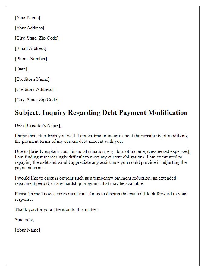 Letter template of inquiry on debt payment modification