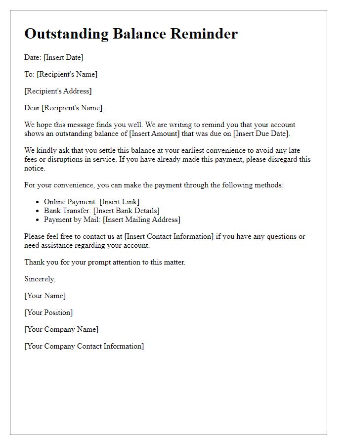 Letter template of outstanding balance reminder