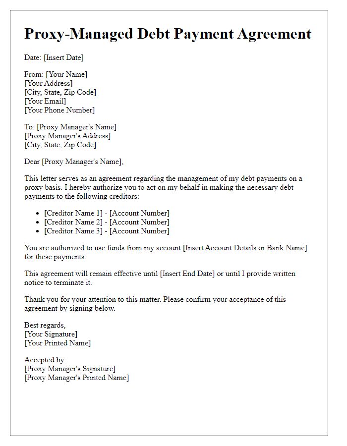 Letter template of agreement for proxy-managed debt payment