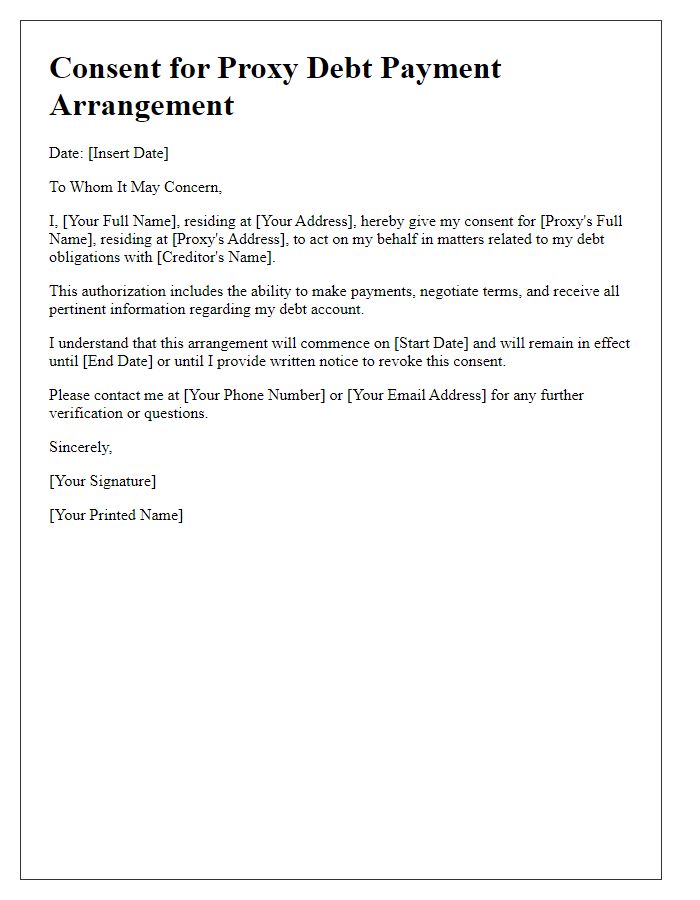 Letter template of consent for proxy debt payment arrangement