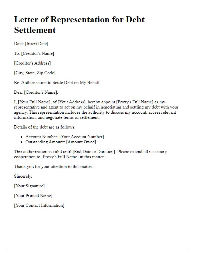 Letter template of representation for settling debt via proxy