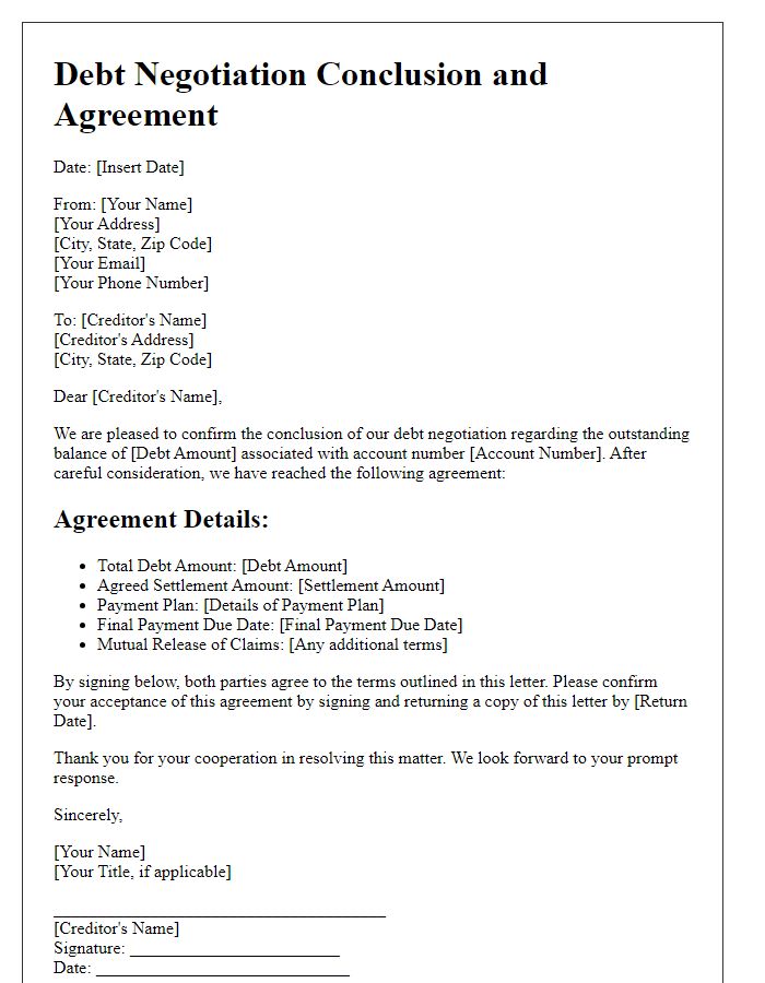 Letter template of debt negotiation conclusion and agreement.