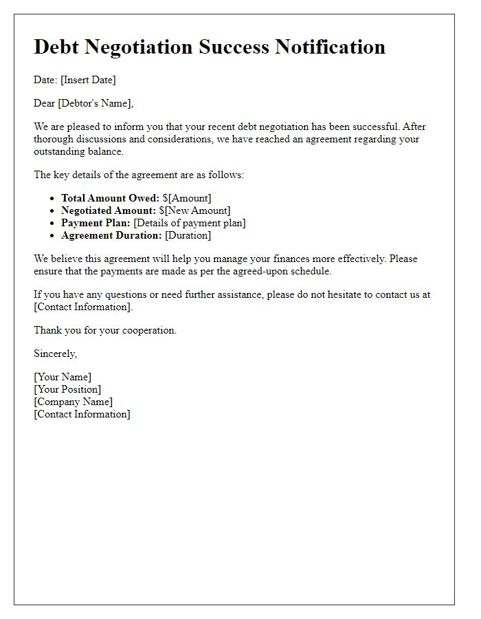 Letter template of debt negotiation success notification.