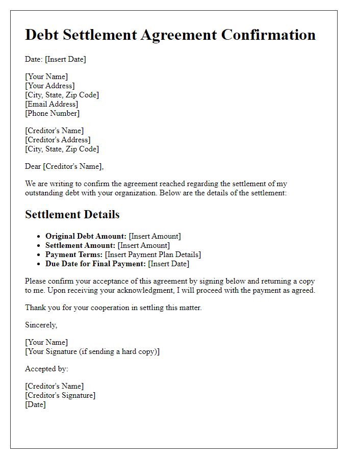 Letter template of debt settlement agreement confirmation.