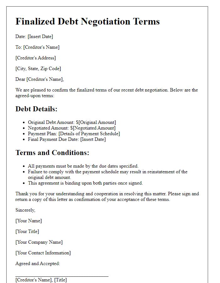 Letter template of finalized debt negotiation terms.