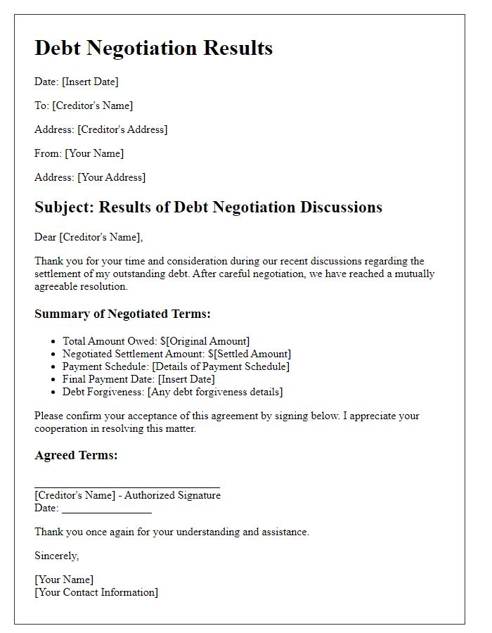 Letter template of results from debt negotiation discussions.