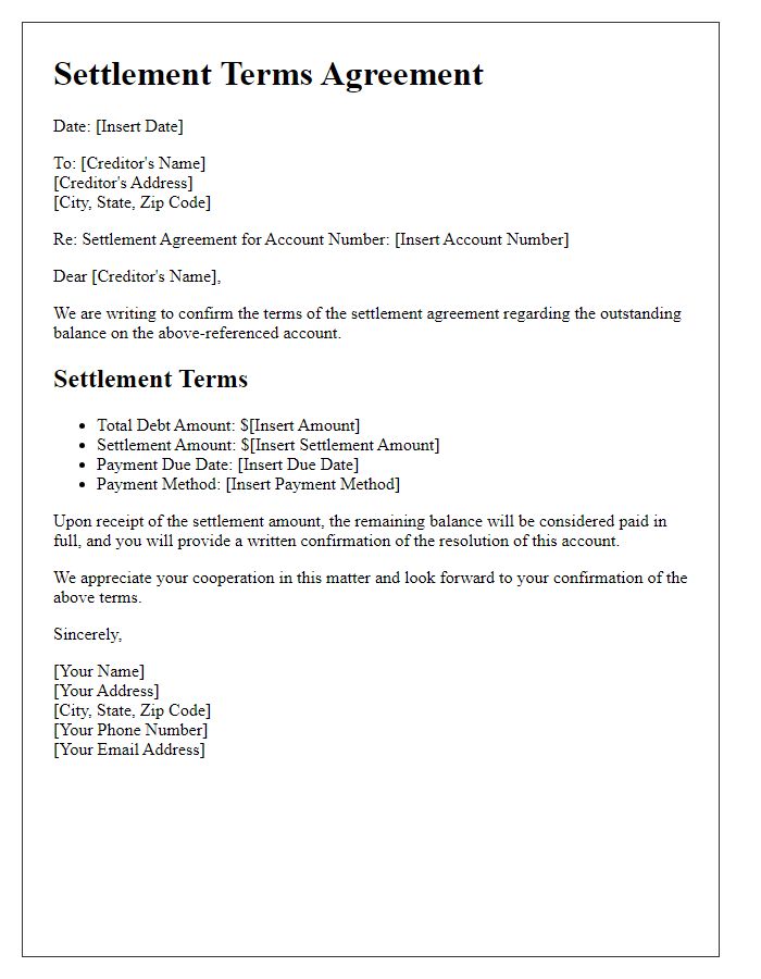 Letter template of settlement terms from debt negotiation.