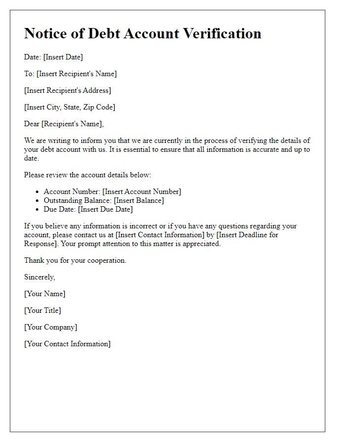 Letter template of notice for debt account verification.