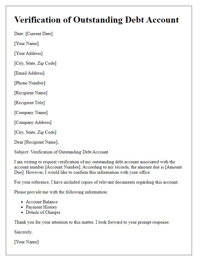 Letter template of verification of outstanding debt account.