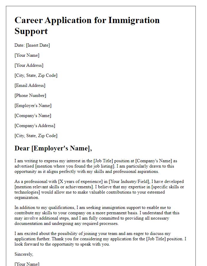 Letter template of career application for immigration support