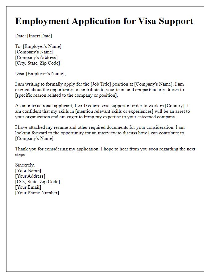 Letter template of employment application seeking visa support