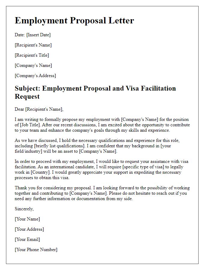 Letter template of employment proposal requiring visa facilitation