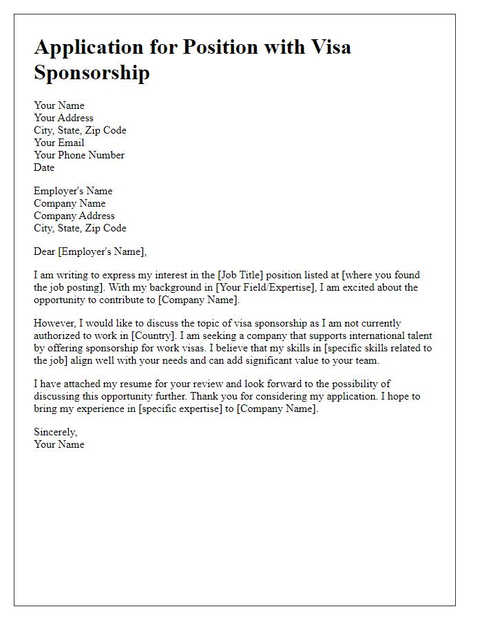 Letter template of position application requesting sponsorship for visa