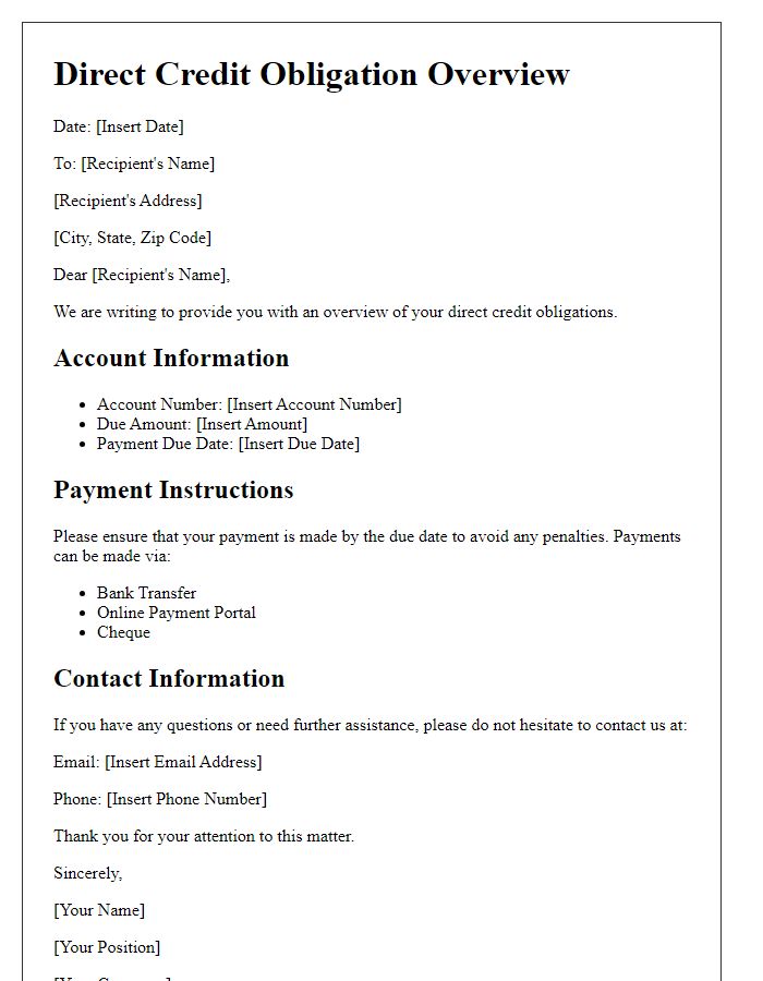 Letter template of direct credit obligation overview