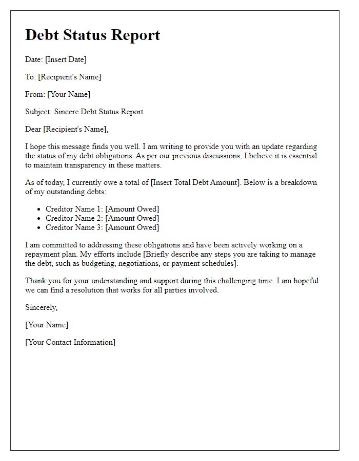 Letter template of sincere debt status report