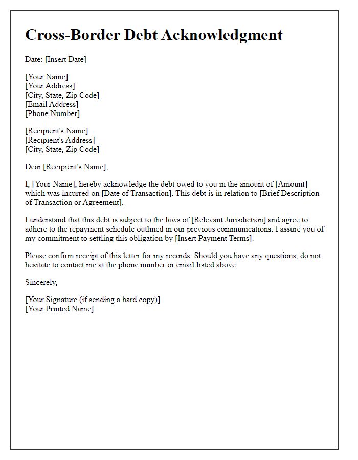 Letter template of cross-border debt acknowledgment