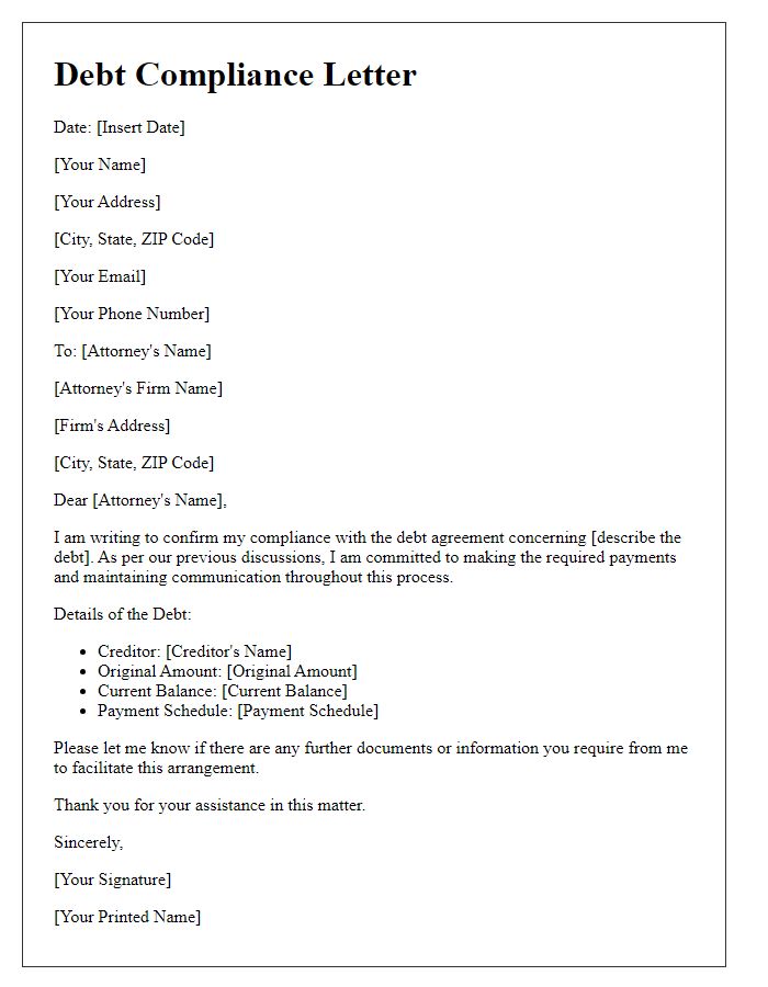 Letter template of debt compliance for attorney representation