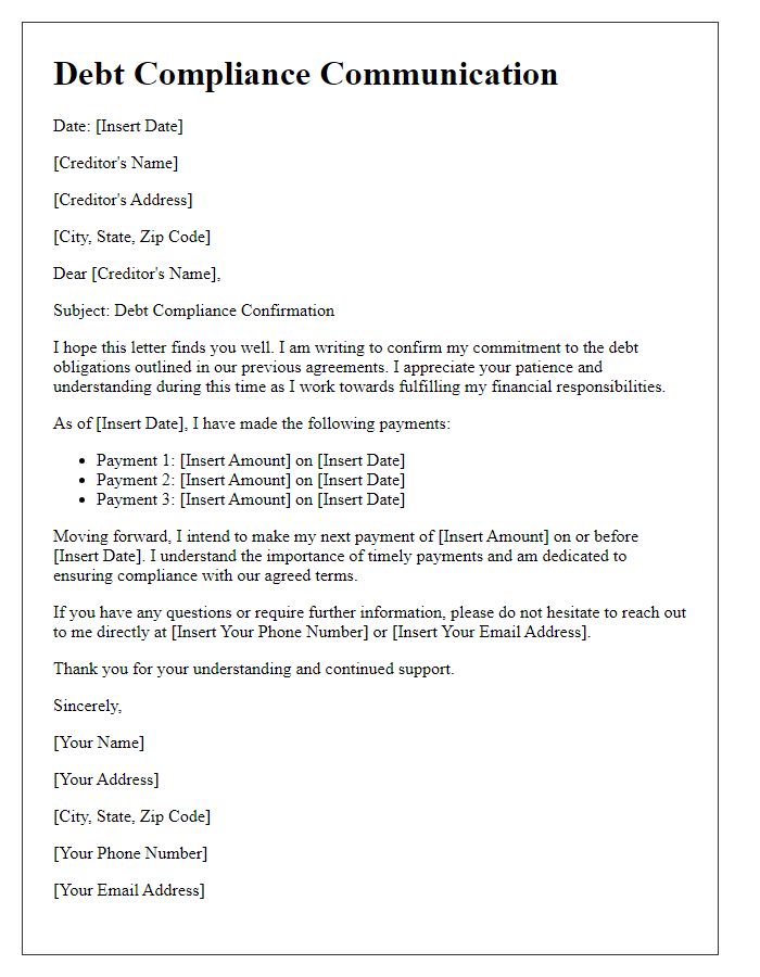 Letter template of debt compliance for creditor communication