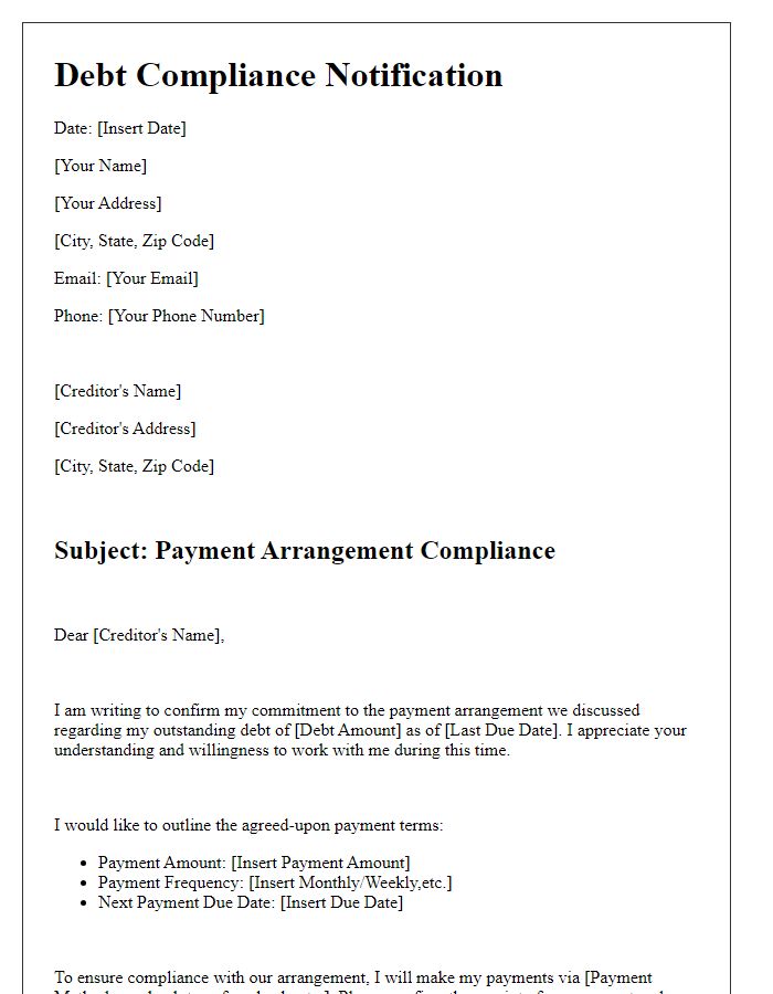 Letter template of debt compliance for payment arrangements