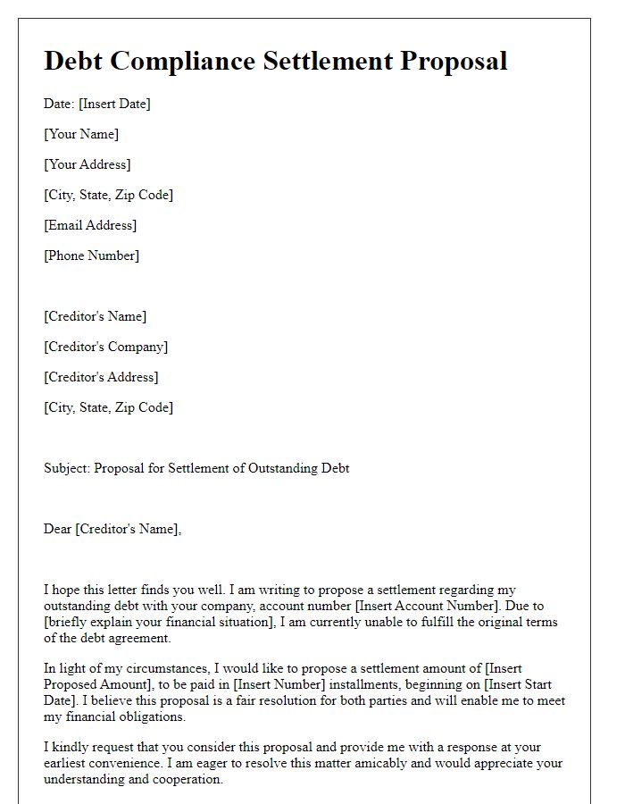 Letter template of debt compliance for settlement proposals