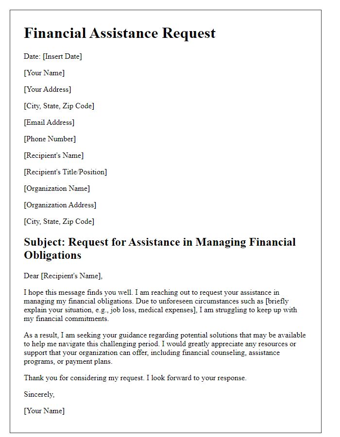 Letter template of assistance for managing financial obligations