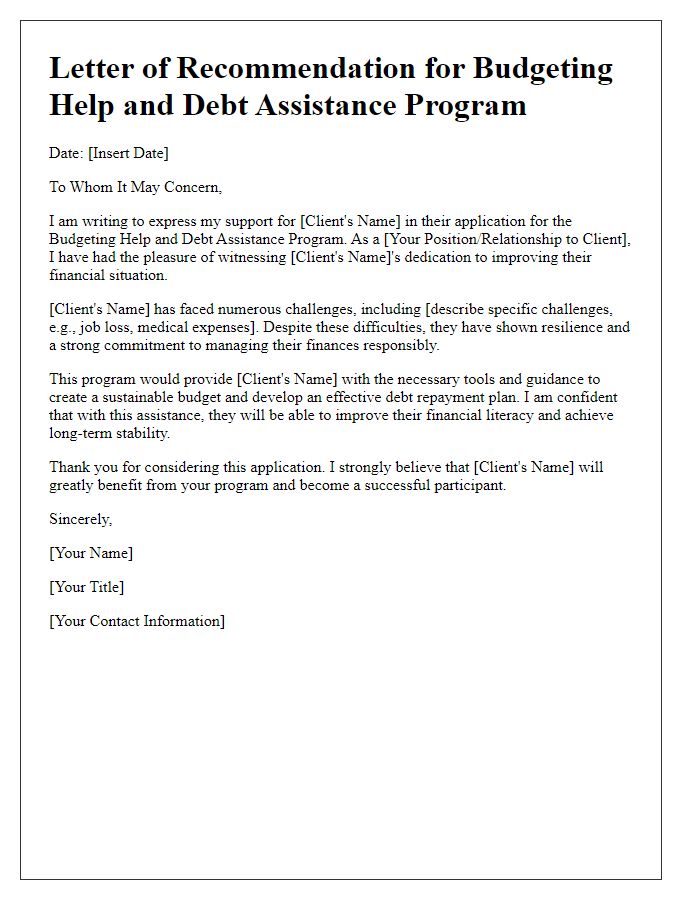 Letter template of budgeting help and debt assistance program