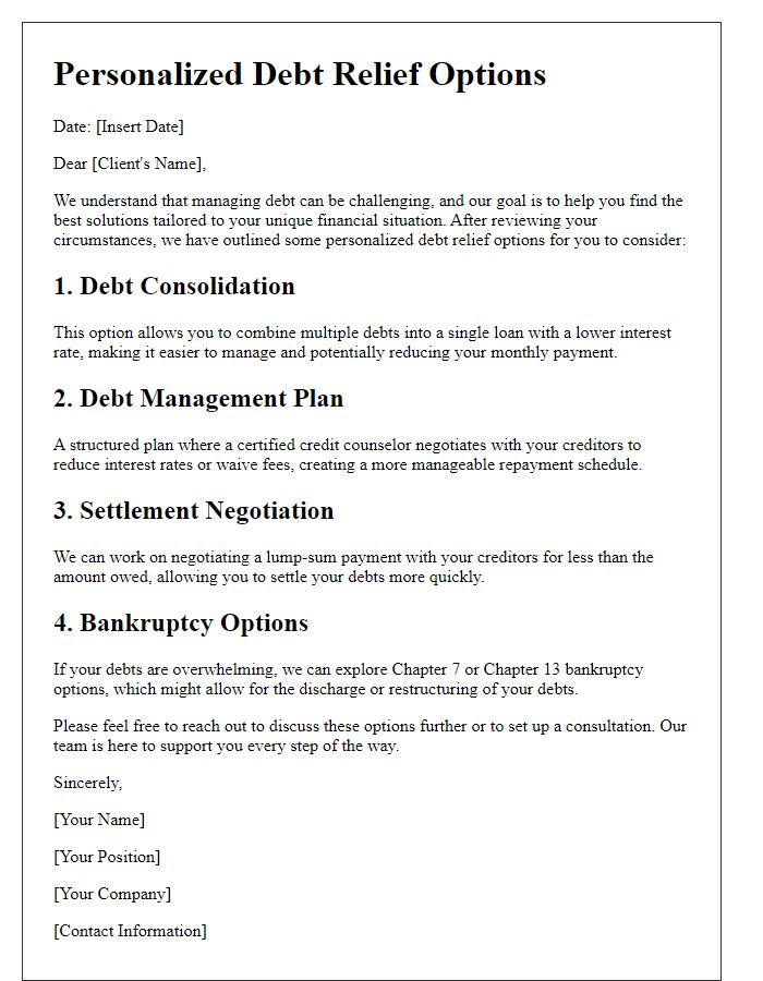 Letter template of personalized debt relief options