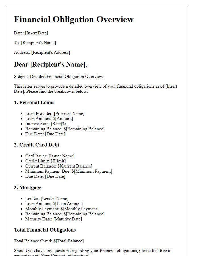 Letter template of detailed financial obligation overview