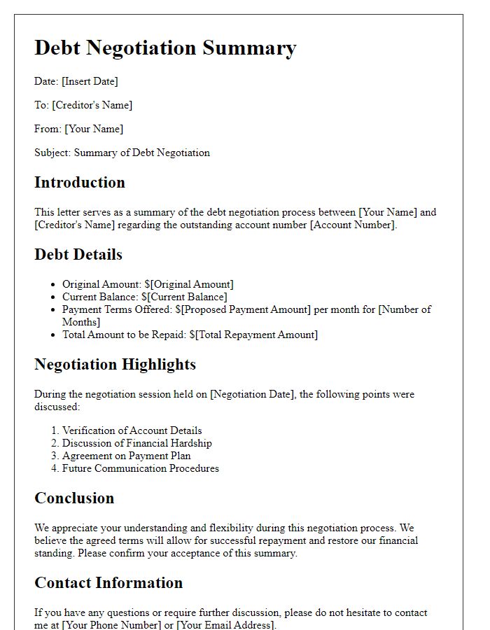 Letter template of organized debt negotiation summary