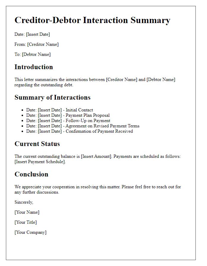 Letter template of summarized creditor-debtor interactions