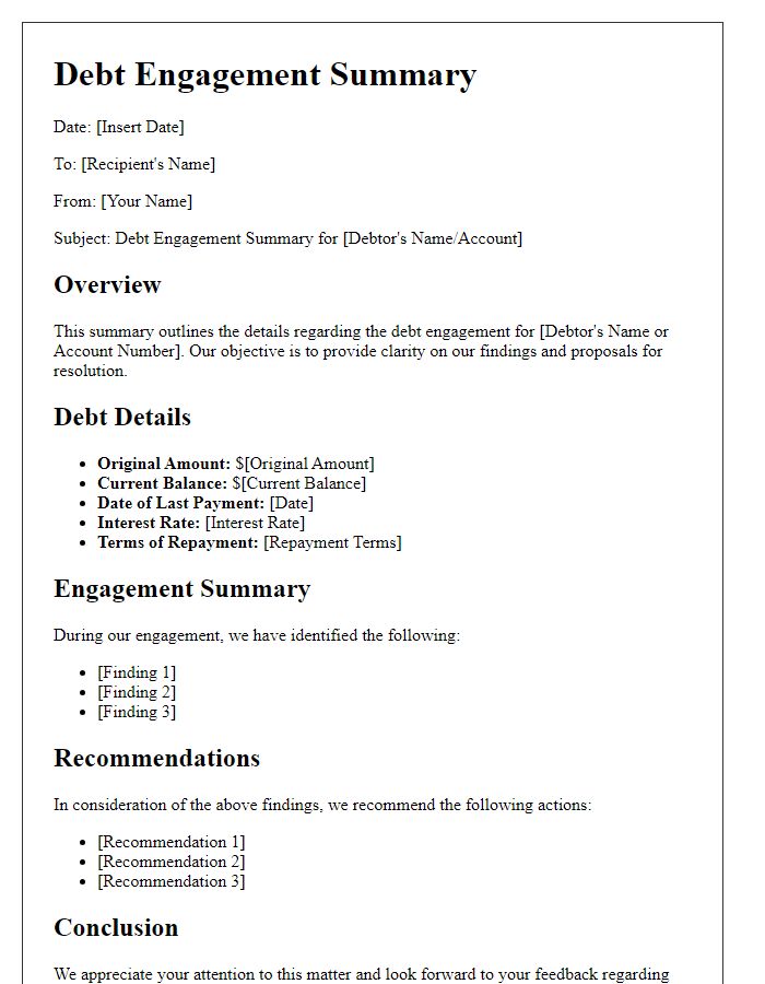 Letter template of thorough debt engagement summary