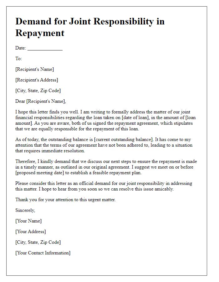 Letter template of demand for joint responsibility in repayment