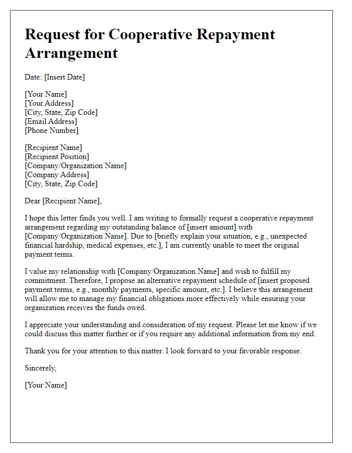 Letter template of request for cooperative repayment arrangement