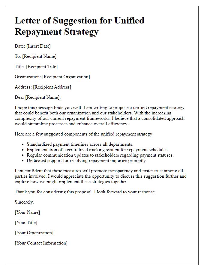 Letter template of suggestion for unified repayment strategy