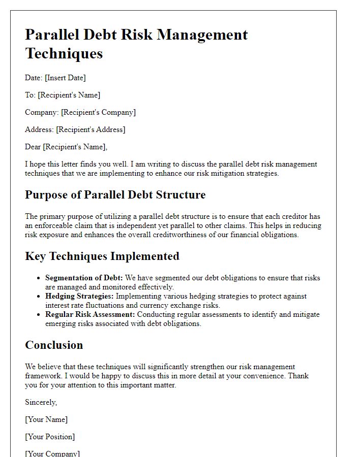 Letter template of parallel debt risk management techniques