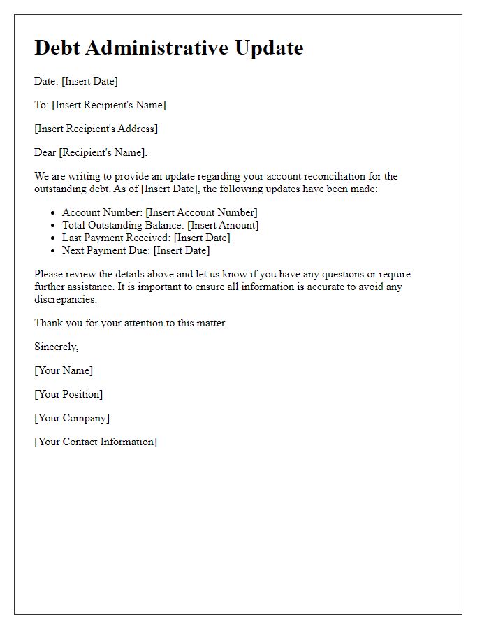 Letter template of debt administrative update for account reconciliation.