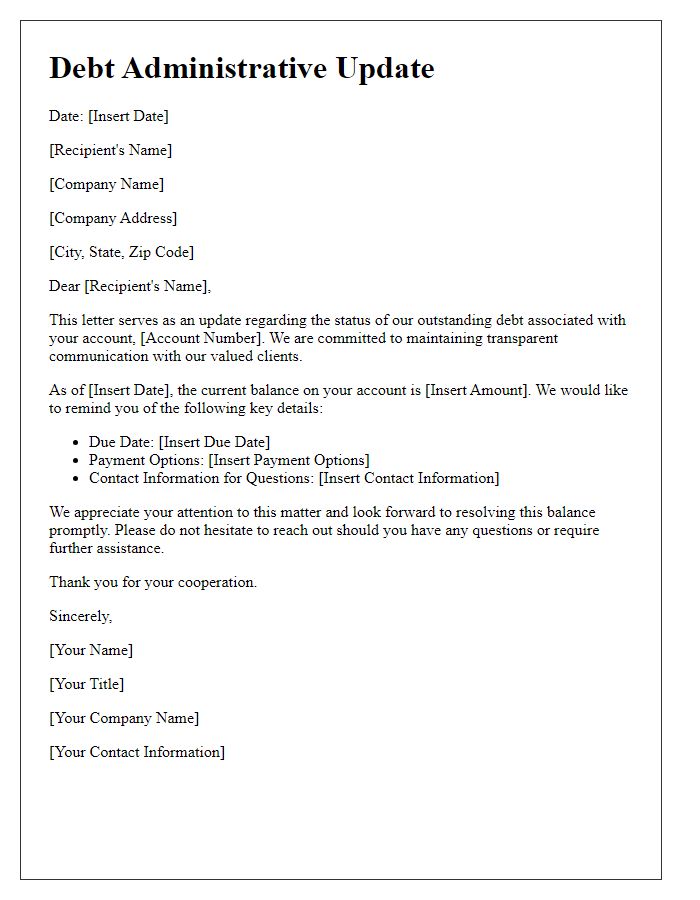 Letter template of debt administrative update for business accounts.