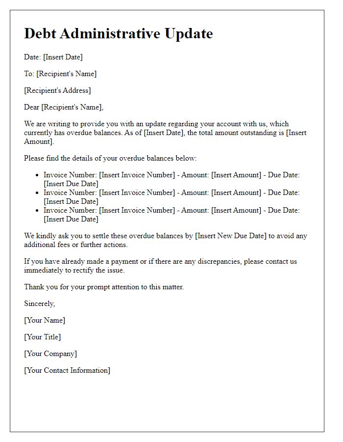 Letter template of debt administrative update for overdue balances.