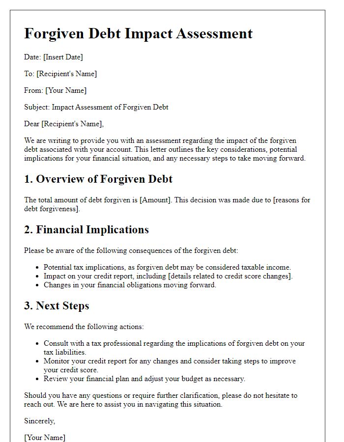 Letter template of forgiven debt impact assessment