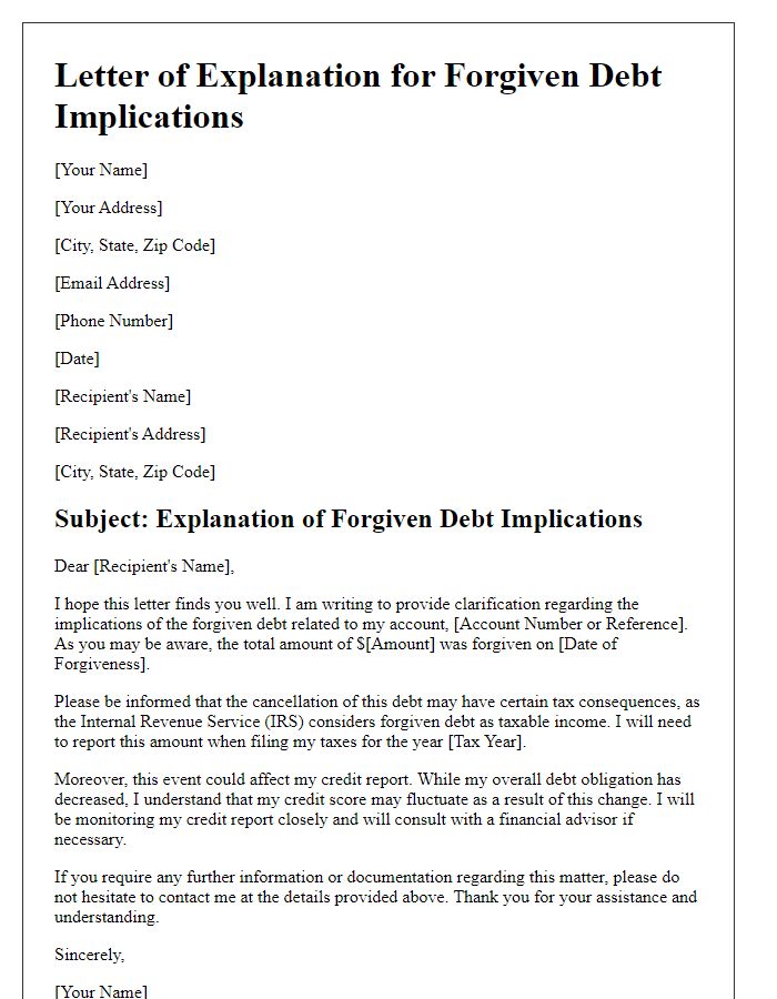 Letter template of forgiven debt implications explanation