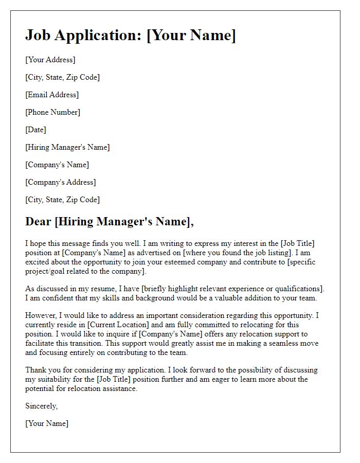 Letter template of job application requesting relocation support