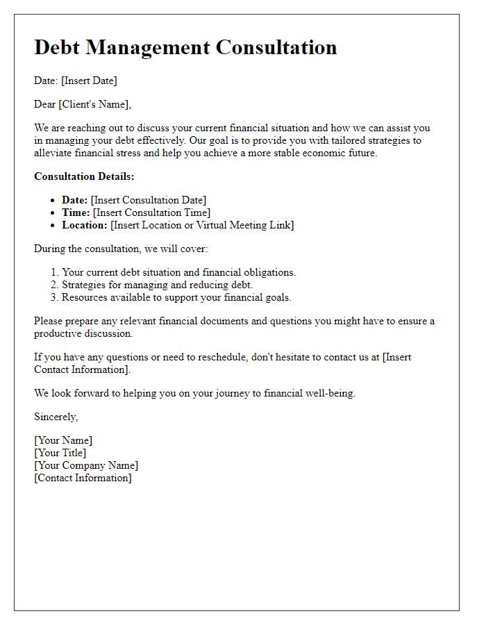 Letter template of debt management consultation for clients.