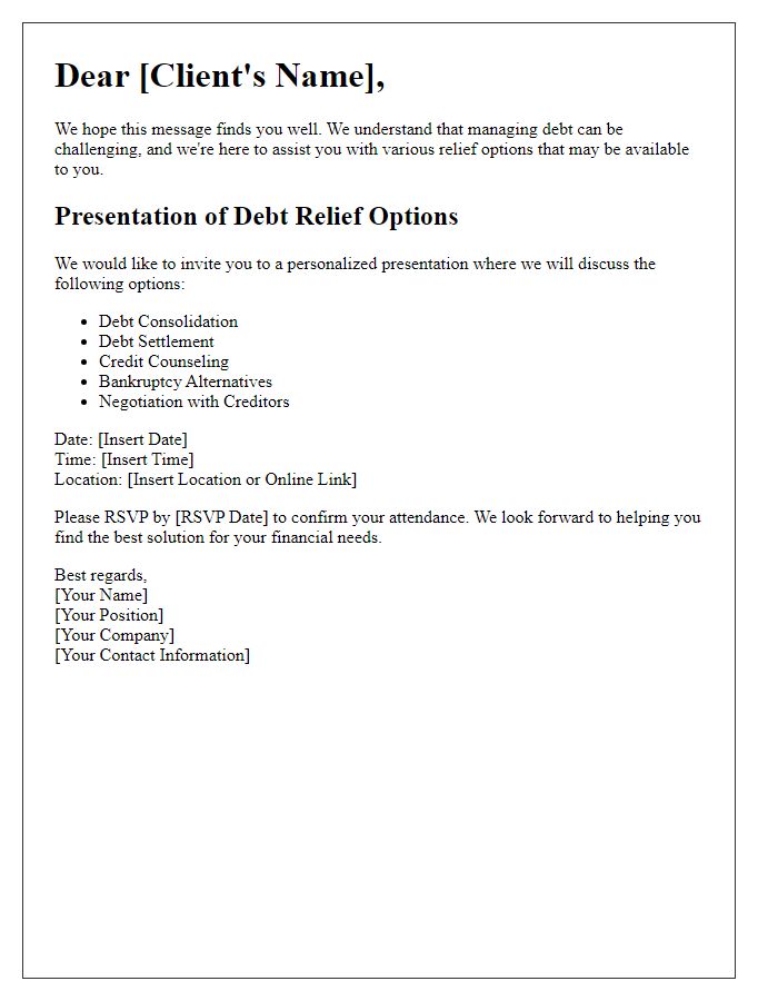 Letter template of debt relief options presentation for clients.