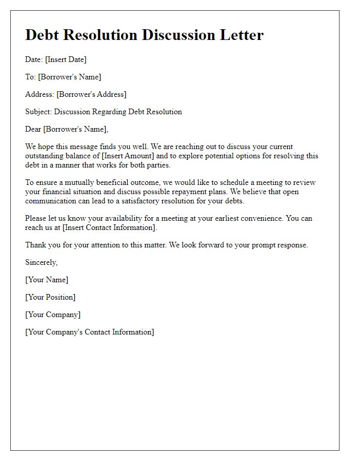 Letter template of debt resolution discussion for borrowers.