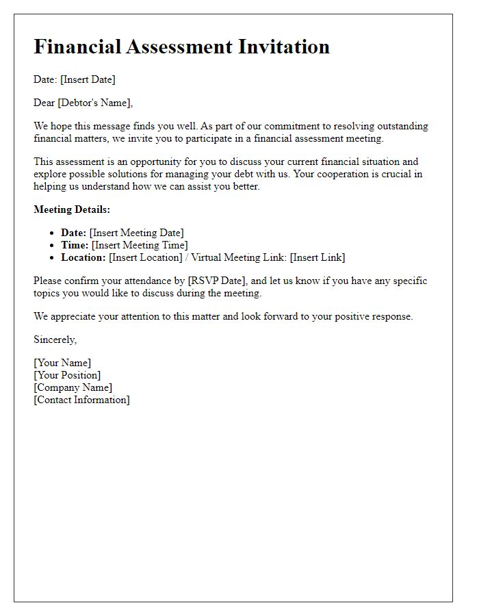 Letter template of financial assessment invitation for debtors.