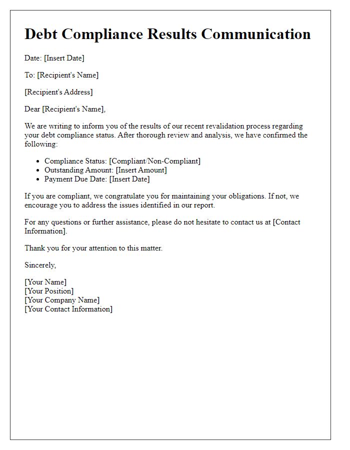 Letter template of revalidated debt compliance results communication