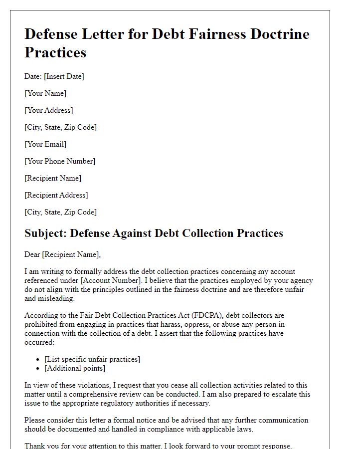 Letter template of defense for debt fairness doctrine practices