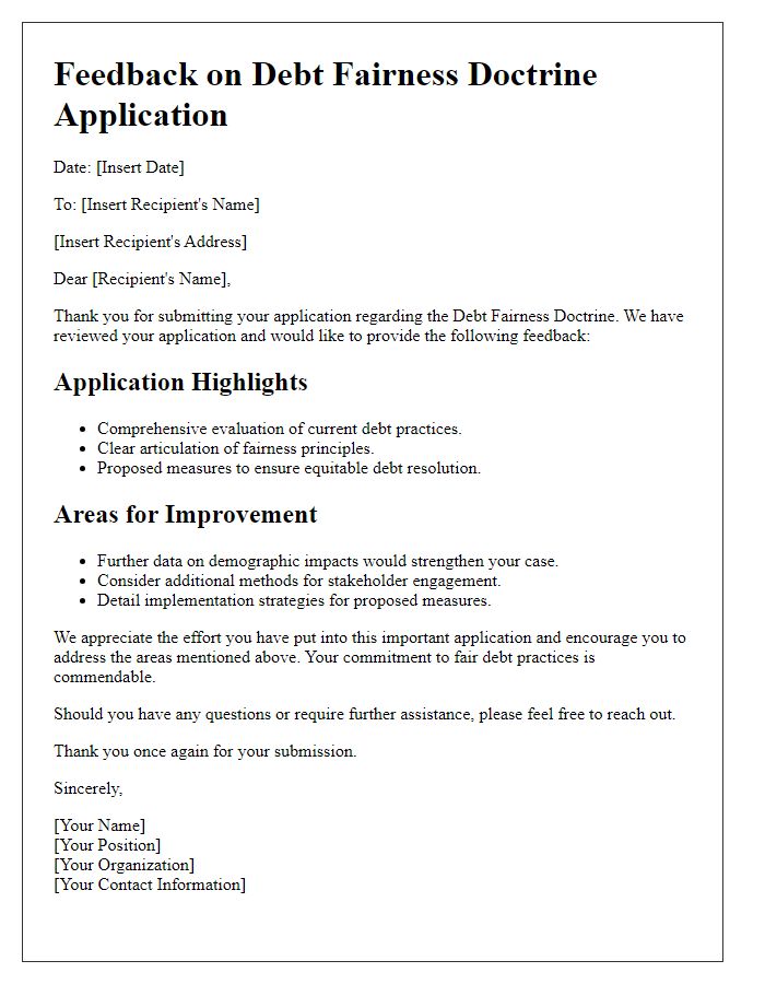 Letter template of feedback on debt fairness doctrine application