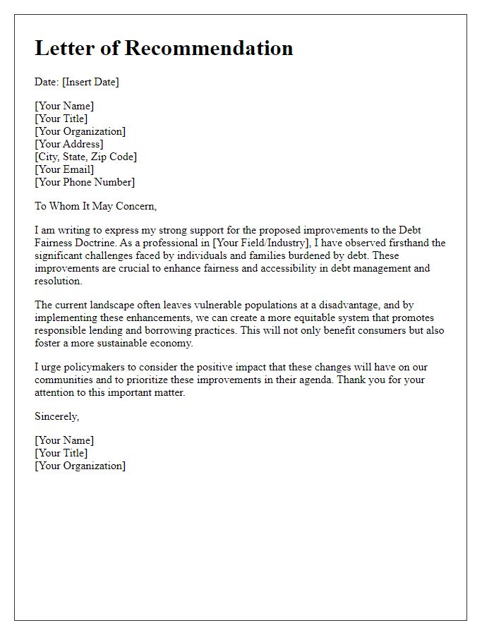 Letter template of recommendation for debt fairness doctrine improvements